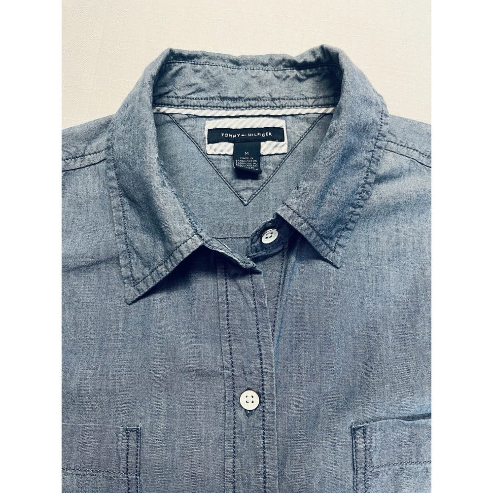 Tommy Hilfiger Women's Chambray Long Sleeve Shirt Denim Blue, Button-Up, Size M